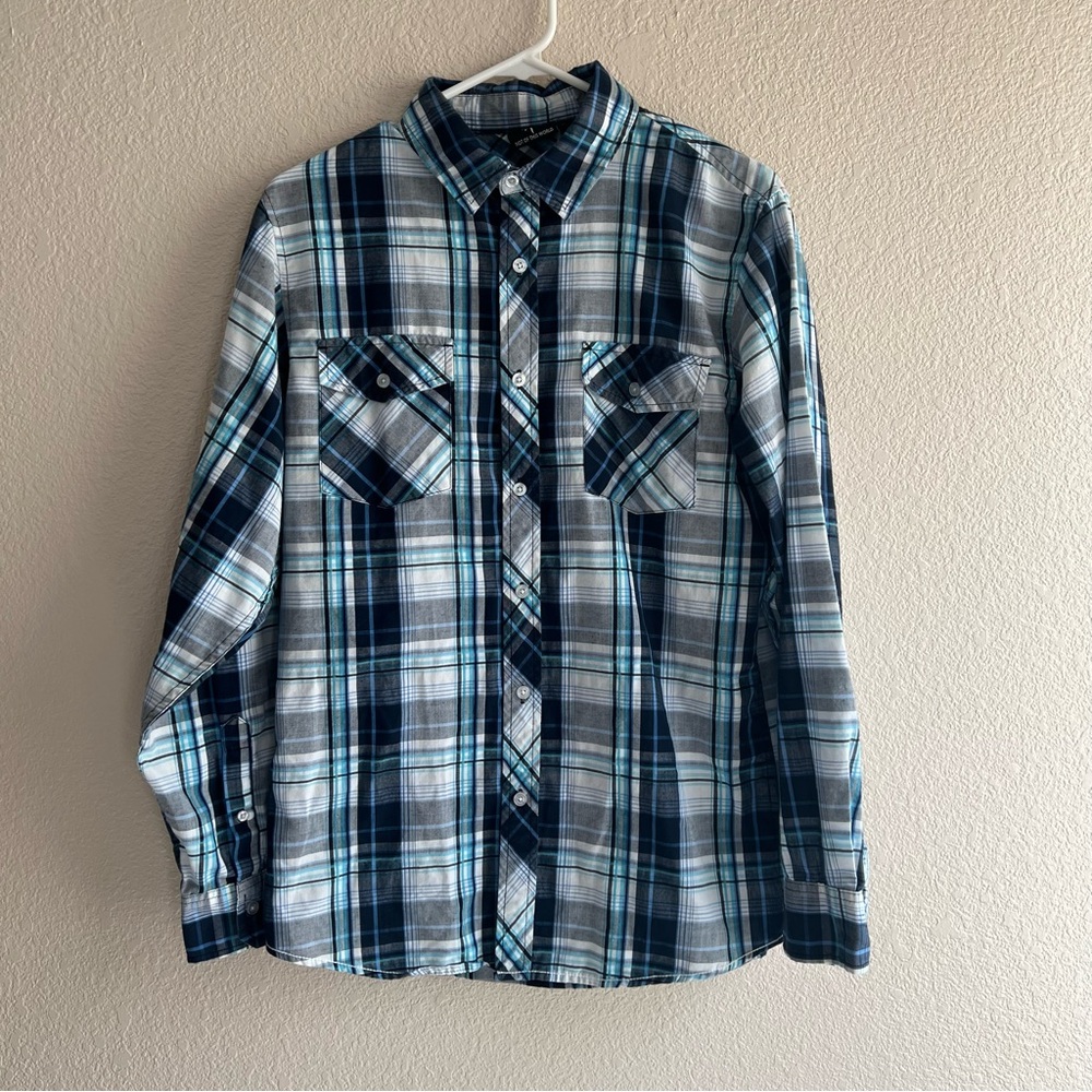Not Of This World Blue Plaid Men's Button Down Shirt - Medium